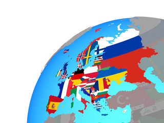 Europe with embedded national flags on globe.