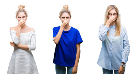 Collage of young beautiful blonde woman over isolated background smelling something stinky and...