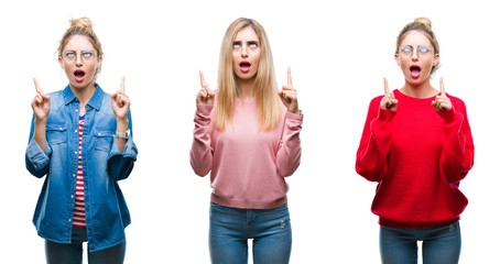 Obraz premium Collage of young beautiful blonde woman over isolated background amazed and surprised looking up and pointing with fingers and raised arms.