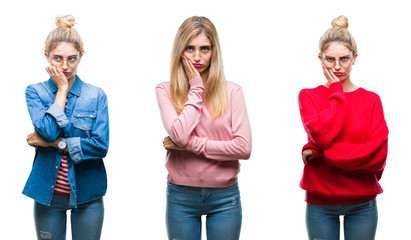 Fototapeta premium Collage of young beautiful blonde woman over isolated background thinking looking tired and bored with depression problems with crossed arms.