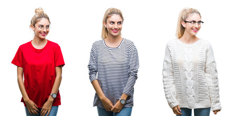 Collage of young beautiful blonde woman over isolated background looking away to side with smile on face, natural expression. Laughing confident.