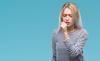 Young blonde woman over isolated background feeling unwell and coughing as symptom for cold or bronchitis. Healthcare concept.