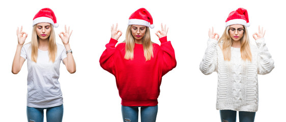 Collage of young beautiful blonde woman wearing christmas hat over isolated background relax and smiling with eyes closed doing meditation gesture with fingers. Yoga concept.