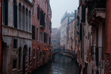 Fototapeta na wymiar Empty Venice cityscape on a foggy winter morning 