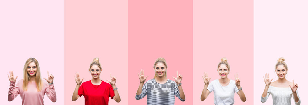 Collage of young beautiful blonde woman over vivid colorful vintage pink isolated background showing and pointing up with fingers number seven while smiling confident and happy.