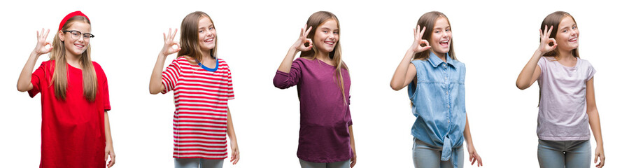Collage of young beautiful little girl kid over isolated background smiling positive doing ok sign with hand and fingers. Successful expression.