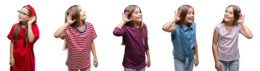 Collage of young beautiful little girl kid over isolated background smiling with hand over ear...