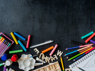 Back to school concept and artist kid concept with Drawing book, crayons, coloured pencils, Poster...