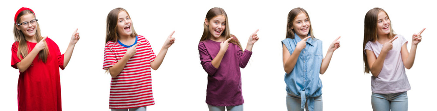 Collage Of Young Beautiful Little Girl Kid Over Isolated Background Smiling And Looking At The Camera Pointing With Two Hands And Fingers To The Side.