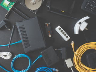top view of Computer Network Devices concept with Hub, Switch, Router, Modem, wireless repeater, ...