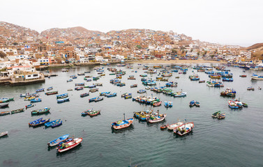 Fisher boats in the harbor. Pucusana, Lima, Peru.