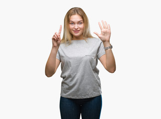 Young caucasian woman over isolated background showing and pointing up with fingers number six while smiling confident and happy.