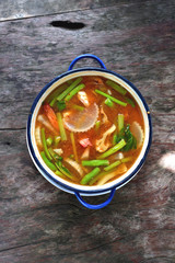 Hot spicy and sour Thai local food soup with mixed vegetable.