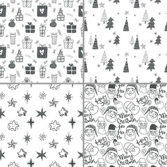 Winter holiday seamless patterns with doodle hand drawn Santa po