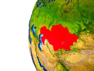 Kazakhstan highlighted on 3D Earth with visible countries and watery oceans.