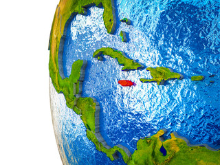 Jamaica highlighted on 3D Earth with visible countries and watery oceans.