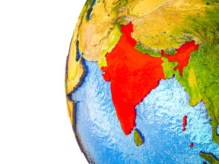 India highlighted on 3D Earth with visible countries and watery oceans.