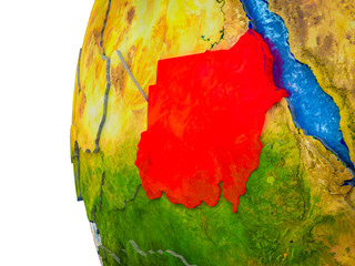 Sudan highlighted on 3D Earth with visible countries and watery oceans.