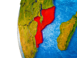 Mozambique highlighted on 3D Earth with visible countries and watery oceans.