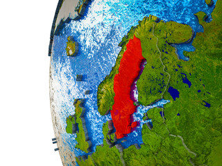 Sweden highlighted on 3D Earth with visible countries and watery oceans.