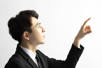 side view of businessman hands up trying to touch something