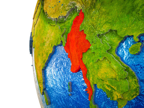 Myanmar highlighted on 3D Earth with visible countries and watery oceans.