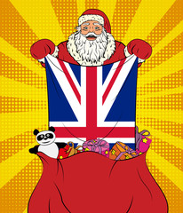 Santa Claus gets national flag of UK out of the bag with toys in pop art style. Illustration of new year in pop art style