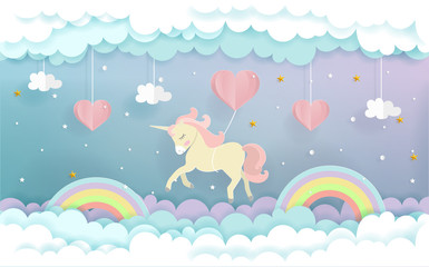 A unicorn flying with heart balloons in the sky, cute unicorn in paper cut style. Vector illustration