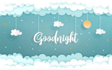 Paper art with Goodnight concept with cloud and star, Vector illustration.