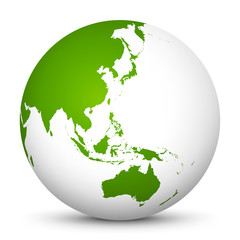 White 3D Globe Icon with Green Continents. Focus on Australia, Japan, India, Korea and New Zealand