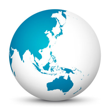 White 3D Globe Icon with Blue Continents. Focus on Australia, Japan, India, Korea and New Zealand