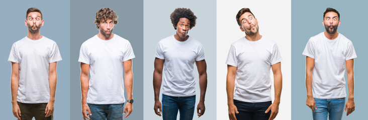 Collage of group of handsome hispanic, indian and arab men over vintage background making fish face with lips, crazy and comical gesture. Funny expression.