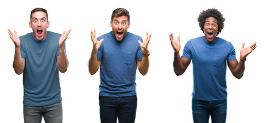 Collage of group of hispanic and african american men over isolated background celebrating crazy and amazed for success with arms raised and open eyes screaming excited. Winner concept