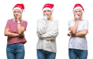 Fototapeta premium Collage of beautiful blonde woman wearing christmas hat over isolated background looking stressed and nervous with hands on mouth biting nails. Anxiety problem.