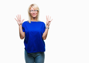 Young beautiful blonde woman wearing glasses over isolated background showing and pointing up with...