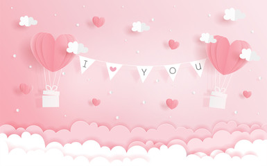 Paper origami of love concept with heart balloons and banners hanging in the sky, Valentine's and wedding card in paper cut style vector. 