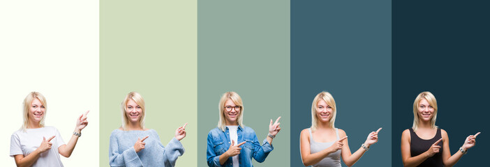 Fototapeta premium Collage of beautiful blonde woman over green vintage isolated background smiling and looking at the camera pointing with two hands and fingers to the side.