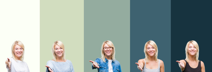 Collage of beautiful blonde woman over green vintage isolated background smiling friendly offering handshake as greeting and welcoming. Successful business.