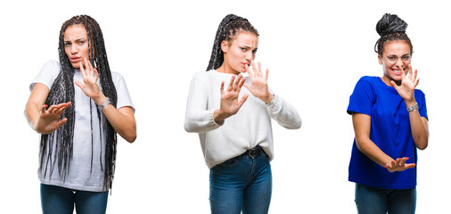 Collage of beautiful braided hair african american woman over isolated background disgusted expression, displeased and fearful doing disgust face because aversion reaction. With hands raised