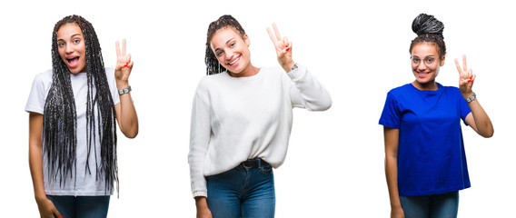 Obraz premium Collage of beautiful braided hair african american woman over isolated background showing and pointing up with fingers number two while smiling confident and happy.