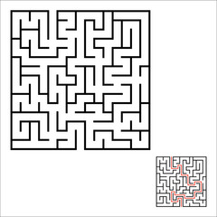 Abstract square maze. Game for kids. Puzzle for children. One entrances, one exit. Labyrinth conundrum. Simple flat vector illustration isolated on white background. With answer.