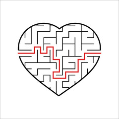 Abstract heart shaped labyrinth. Game for kids. Puzzle for children. One entrances, one exit. Maze conundrum. Simple flat vector illustration isolated on white background. With the answer.