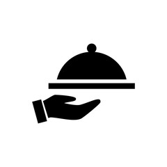 Covered food tray on a hand of hotel room service vector icon