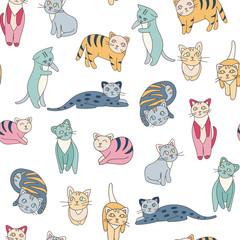 Colorful hand drawn cats vector pattern. Doodle art.