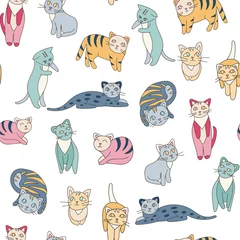 Foto op Plexiglas Katten Kleurrijk hand getrokken katten vectorpatroon. Doodle kunst.