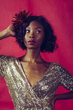 Portrait of woman wearing sequin dress