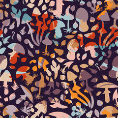 Naklejka premium Seamless pattern with Forest mushrooms - vector outline hand drawn sketch. Collection of different mushrooms.