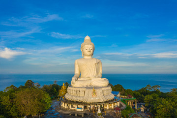 Fototapeta premium aerial view Phuket Big Buddha is one of the island most important and revered landmarks on the island..big Buddha is on the top of high mountain can see around the Phuket island when you are there