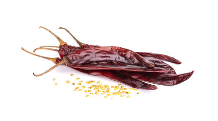 Dried red chili or chilli cayenne pepper  on white background