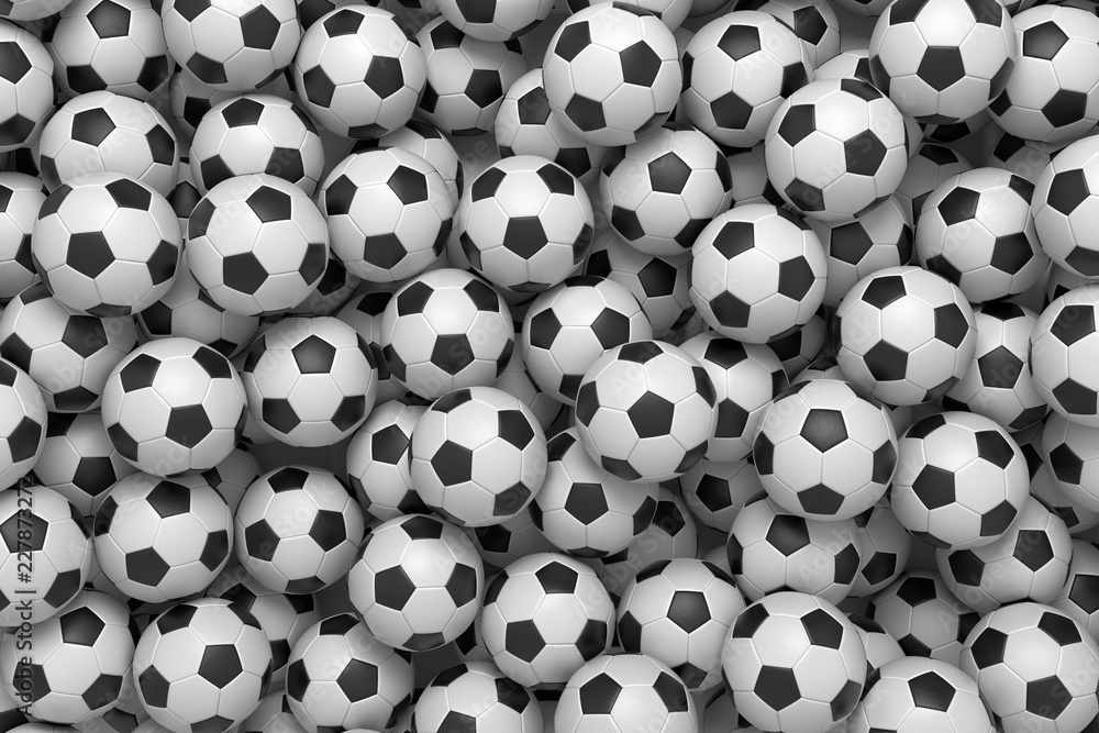 Aufkleber 3d rendering of a heap of identical football balls lying in pig endless pile shown from the top.